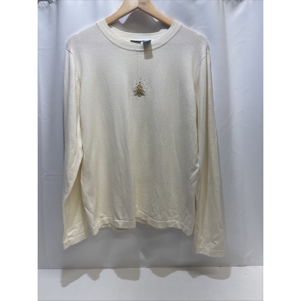 VTG Basic Editions Holiday Sweater Sequins Embroidered Off White L New W/out Tag